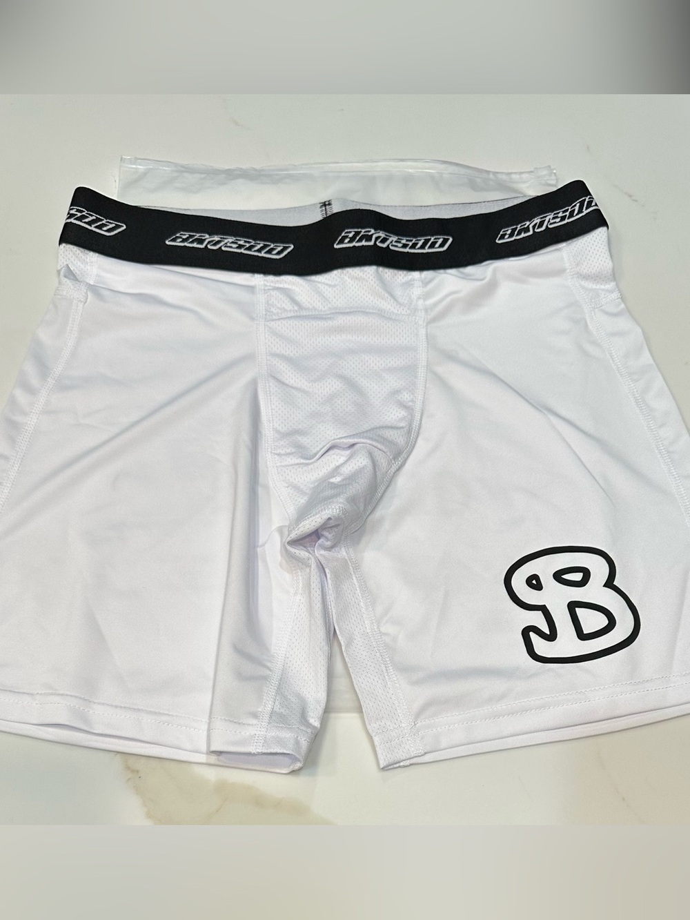 BKTSQD White Compression Boxer Shorts with Black Logo Waistband Youth XL